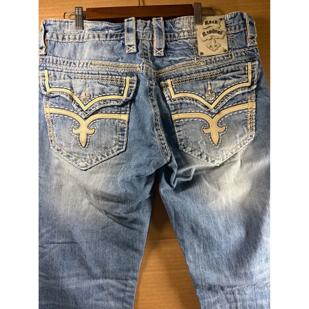 Rock Revival Richie Slim Straight Jeans Mens 34 Blue Distressed Thick Stitch